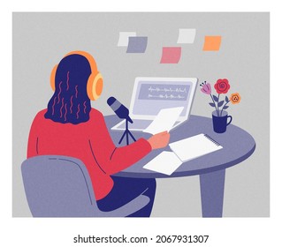 Mujer sentada en una mesa con auriculares y graba un podcast. Ilustración de color vectorial con textura granulada.