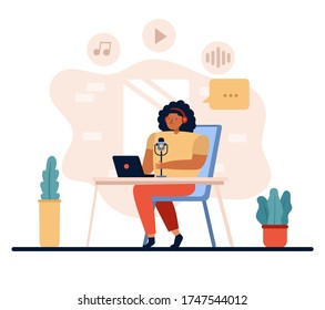 Woman sits at a table with a laptop and a microphone, in headphones and records a podcast. Concept of creating podcast, blogging. Girl interviews, conducts webinar, online courses. Vector, Isolated