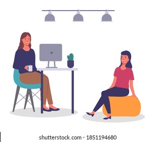 Woman sits at table with monitor or monoblock, girl with cup in hand, girl sits on comfortable yellow pouf. Office modern interior, ceiling lighting, pot plant. Flat vector image isolated on white
