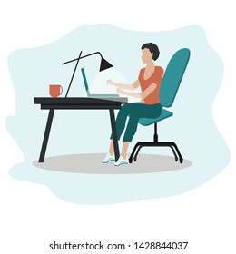 A woman sits at the table and types in a laptop, a cup of coffee is isolated on a white background - vector. Freelance. Education.