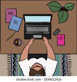 A woman sits at a table and works at a computer. Top view of the working room. Professional office worker at a remote workplace. Vector illustration in cartoon style
