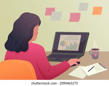 Woman sits at the table and works at the computer. Vector color illustration with gradient.