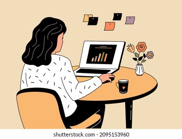 La mujer se sienta a la mesa y trabaja en la computadora. Ilustración de color, blanco y negro vectorial en el estilo de contorno