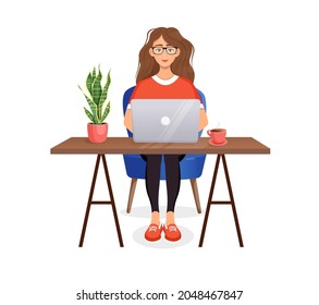 Woman sits at a table, works at home at a computer. Remote work, freelance, programming, training. Vector illustration.