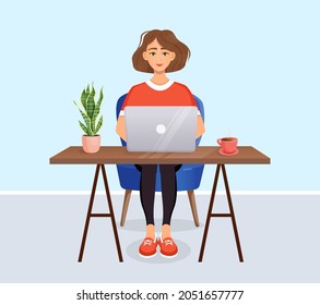 Woman sits at a table, works at home at a computer. Remote work, freelance, home office, programming, training. Vector illustration