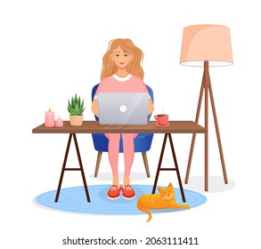 Woman sits at a table, works at home at a computer. Remote work, freelance, home office, programming, training. Cozy working interior with a cat. Vector illustration