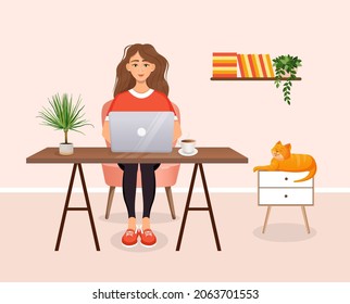 Woman sits at a table, works at home at a computer. Remote work, freelance, home office, programming, training. Cozy working interior with a cat. Vector illustration.
