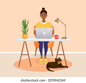 Woman sits at a table, works at home at a computer. Remote work, freelance, home office, programming, training. Cozy working interior with a cat. Vector illustration
