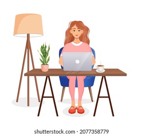 La mujer se sienta en una mesa, trabaja en casa en una computadora. Trabajo a distancia, freelance, oficina en el hogar, programación, capacitación. Ilustración del vector