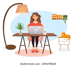 Woman sits at a table, works at home at a computer. Remote work, freelance, home office, programming, training. Cozy working interior with a cat. Vector illustration