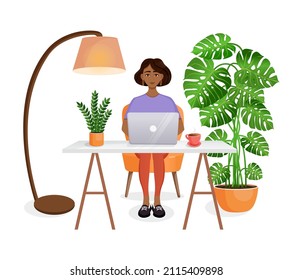 Woman sits at a table, works at home at a computer. Remote work, freelance, home office, programming, training. Interior with plants. Vector illustration