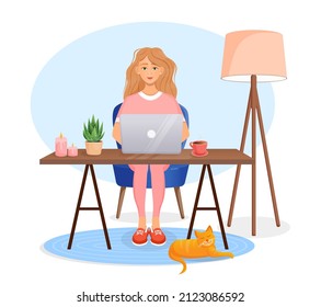 Woman sits at a table, works at home at a computer. Remote work, freelance, home office, programming, training. Cozy working interior with a cat. Vector illustration