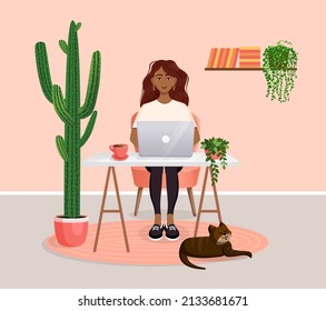 Woman sits at a table, works at home at a computer. Remote work, freelance, home office, programming, training. Cozy working interior with a cat. Interior with plants. Vector illustration.