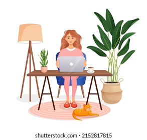 Woman sits at a table, works at home at a computer. Remote work, freelance, home office, programming, training. Cozy working interior with a cat. Interior with plants. Vector illustration