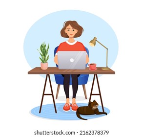 Woman sits at a table, works at home at a computer. Remote work, freelance, home office, programming, training. Cozy working interior with a cat. Vector illustration