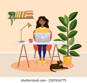 Woman sits at a table, works at home at a computer. Remote work, freelance, home office, programming, training. Cozy working interior with a cat. Interior with plants. Vector illustration.