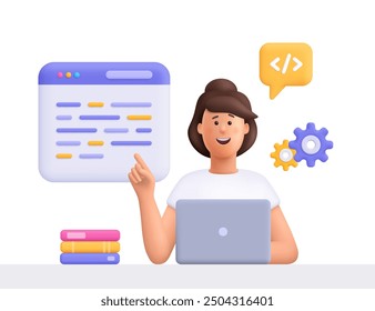 Woman sits at a table and writing code, create software, using laptop. Software and web development, programming and coding concept. 3d vector people character. Cartoon minimal style.