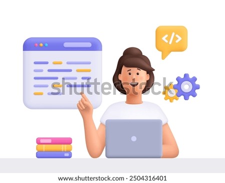 Woman sits at a table and writing code, create software, using laptop. Software and web development, programming and coding concept. 3d vector people character. Cartoon minimal style.