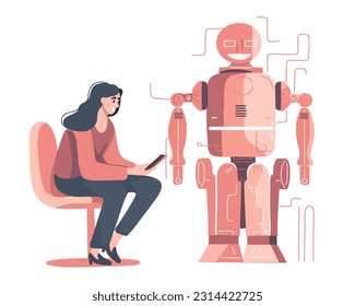 A woman sits with a tablet in her hands next to a robot with artificial intelligence, partnership or cooperation with AI. Flat vector illustration.