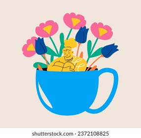 Woman sits in a tea cup, surrounded by flowers. mental health care concept. Colorful vector illustration
