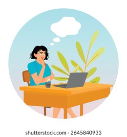 A woman sits thoughtfully at a desk with a laptop and coffee, pondering creative ideas beside a plant in a serene atmosphere. Young thoughtful woman concept.
