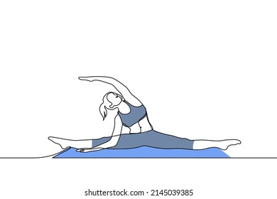 woman sits in a transverse twine and does bends - one line drawing vector. concept of physical exercise, training, yoga classes