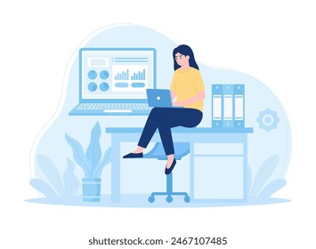 A woman sits using a laptop analyzing business trending concept flat illustration