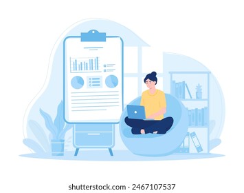 Una mujer se sienta usando una computadora portátil que analiza el concepto de tendencia de negocios ilustración plana