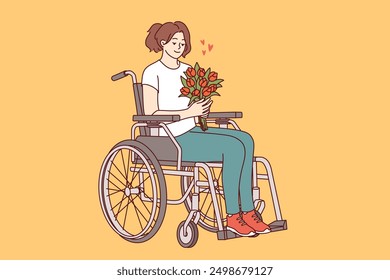 Woman sits in wheelchair with bouquet of flowers in hands, feeling positive and energized thanks to gift from secret admirer. Girl in wheelchair does not lose heart and strives to live life to fullest