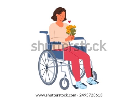 Woman sits in wheelchair holding bouquet of flowers in hands and rejoicing at receiving gift. Happy life to disabled girl using wheelchair, thanks to strength of spirit and support of friends