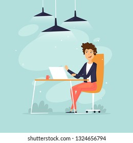 Woman sits working at a computer, office life, business, programmer, data analysis, statistics. Flat design vector illustration.