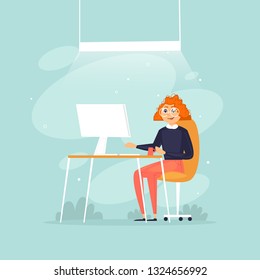 Woman sits working at a computer, office life, business, programmer, data analysis, statistics. Flat design vector illustration.