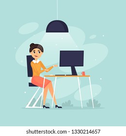 Woman sits working at a computer, office life, business, programmer, data analysis, statistics. Flat design vector illustration.