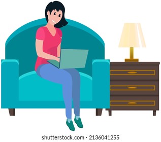 Woman sits, workplace with computer. Remote work, freelance, house office, programming, training concept. Lady sitting with laptop and surfing Internet. Female freelancer works from home