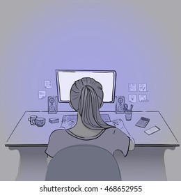 Woman sits and works on computer in sketch style, hand-drawn work place with computer, keybord, sticky notes, cup, notebook and calculator, vector concept freelance, back view, EPS 10