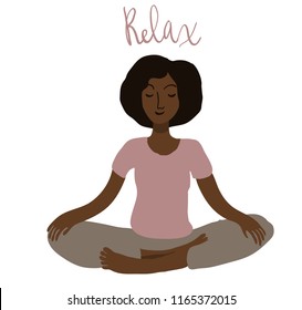 Woman sittin in meditation pose vector illustration. Hand drawn art in minimal flat style. Lettering phrase Relax