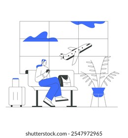 Woman Sitting In Airport Lounge With Luggage And Book, Airplane In The Sky, In Flat Vector Illustration Symbolizing Travel, Leisure, And Relaxation, Isolated On White Background