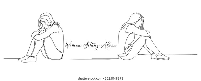 Woman Sitting Alone Continuous One Line Drawing Depiction Of Solitude Minimalist Icon Concept In Editable Stroke