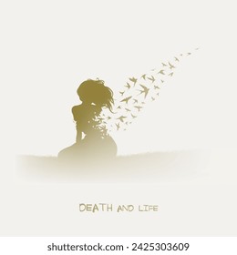 Woman sitting alone. Death, afterlife. Flying birds. Isolated outline