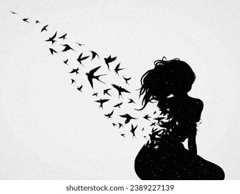 Woman sitting alone. Depressed girl. Death and afterlife. Flying birds