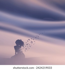 Woman sitting alone in foggy clouds. Death and afterlife. Flying birds