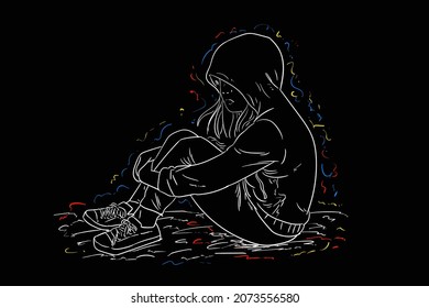 woman sitting alone line art vector illustration