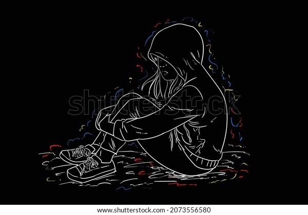 woman sitting\
alone line art vector\
illustration