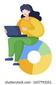 Woman sitting alone and typing on laptop keyboard. Icon of diagram with colorful segments under manager. Lady work on computer on analytics graphic for presentation. Vector illustration in flat style