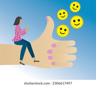 Woman sitting and applauding on hand with sign for thumb up. Vector illustration.
