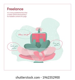 Woman sitting at the armchair with a book and phone. Vector illustration. Indoor space. Freelance work