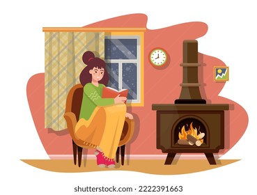Woman sitting in the armchair covered in blanket and reading a book near potbelly stove with burning wood. Freezing at home. Warming the room with a heater in cold weather. Flat vector illustration. svg