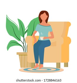 Woman sitting in armchair with cup of hot beverage stock vector illustration isolated on white background. Comfortable break, cozy relax, indoor casual lifestyle in flat style.