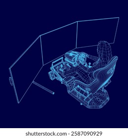 A woman is sitting in a armchair in front of a computer monitor. The monitor is a large screen and the woman is holding a steering wheel. A woman is sitting in a simulator car with a steering wheel.