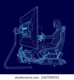 A woman is sitting in a armchair in front of a computer monitor. The monitor is a large screen and the woman is holding a steering wheel. A woman is sitting in a simulator car with a steering wheel.